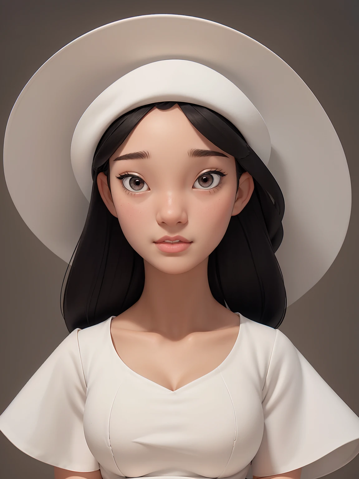 (best quality, masterpiece, perfect face) black hair, 18 years old pale girl, big bust, white sundress, big white hat
