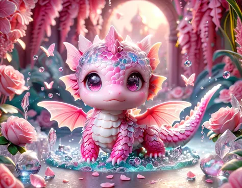 ultra detailed, hdr, highres, absurdres, master piece, pink dragon, expressive pink eyes, small dragon, glass, pink glittering b...