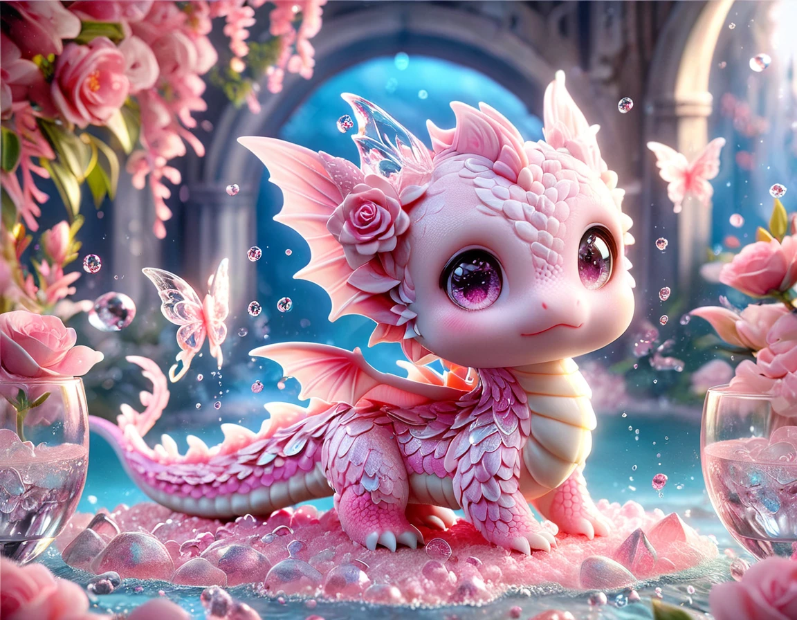 Ultra detailed, HDR, Highres, absurdres, master piece, Pink dragon, expressive pink eyes, small dragon, glass, pink glittering butterflies, pink ice, petals, pink ice glass roses, cute, glittering, water, fantasy, magical