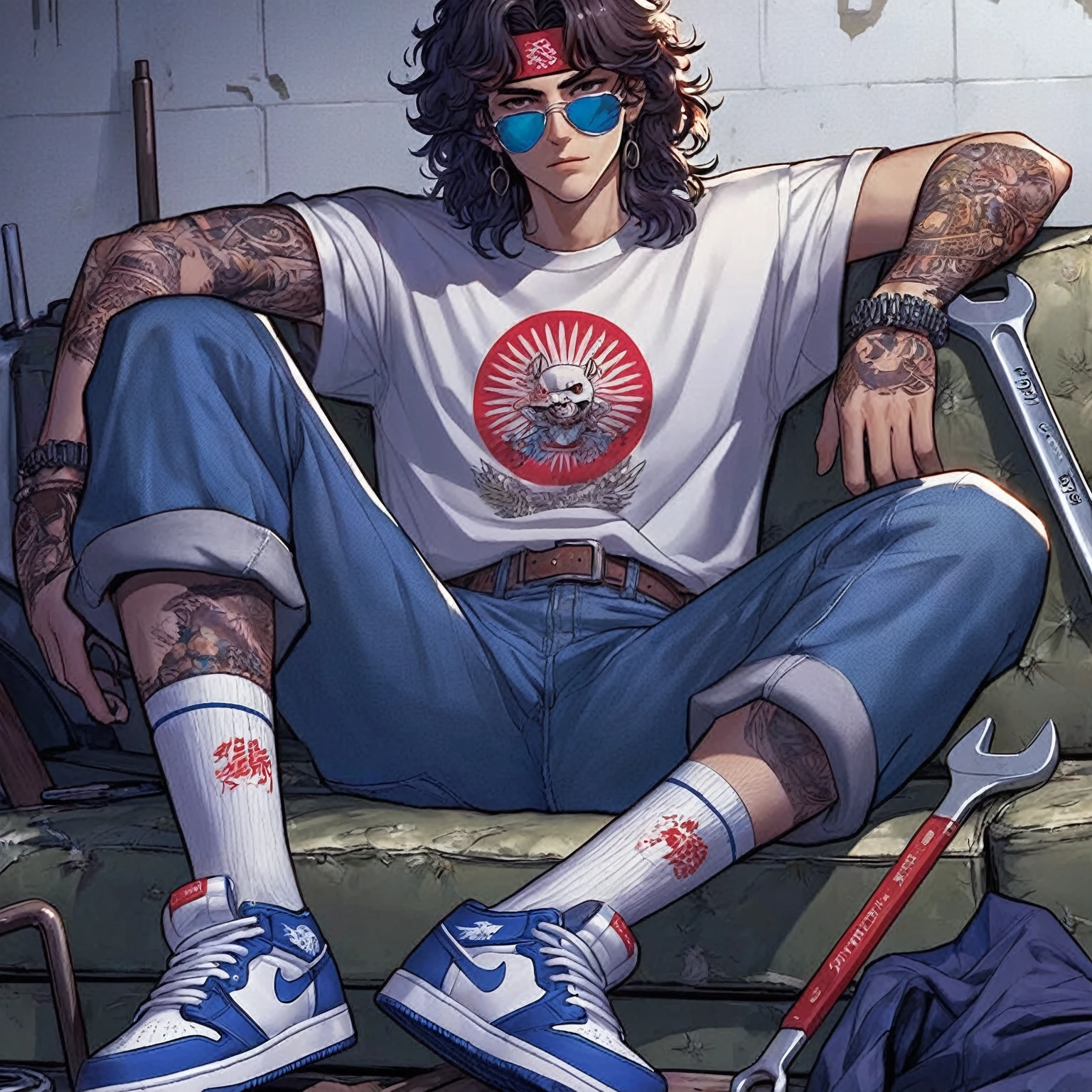 arafed man sitting on a couch with a wrench and a pair of shoes, handsome guy in demon slayer art, 8 0 s anime vibe, 8 0 s anime style, artwork in the style of guweiz, detailed fanart, in the art style of 8 0 s anime, 8 0 s anime art style, striking detailed artstyle, 90s anime style