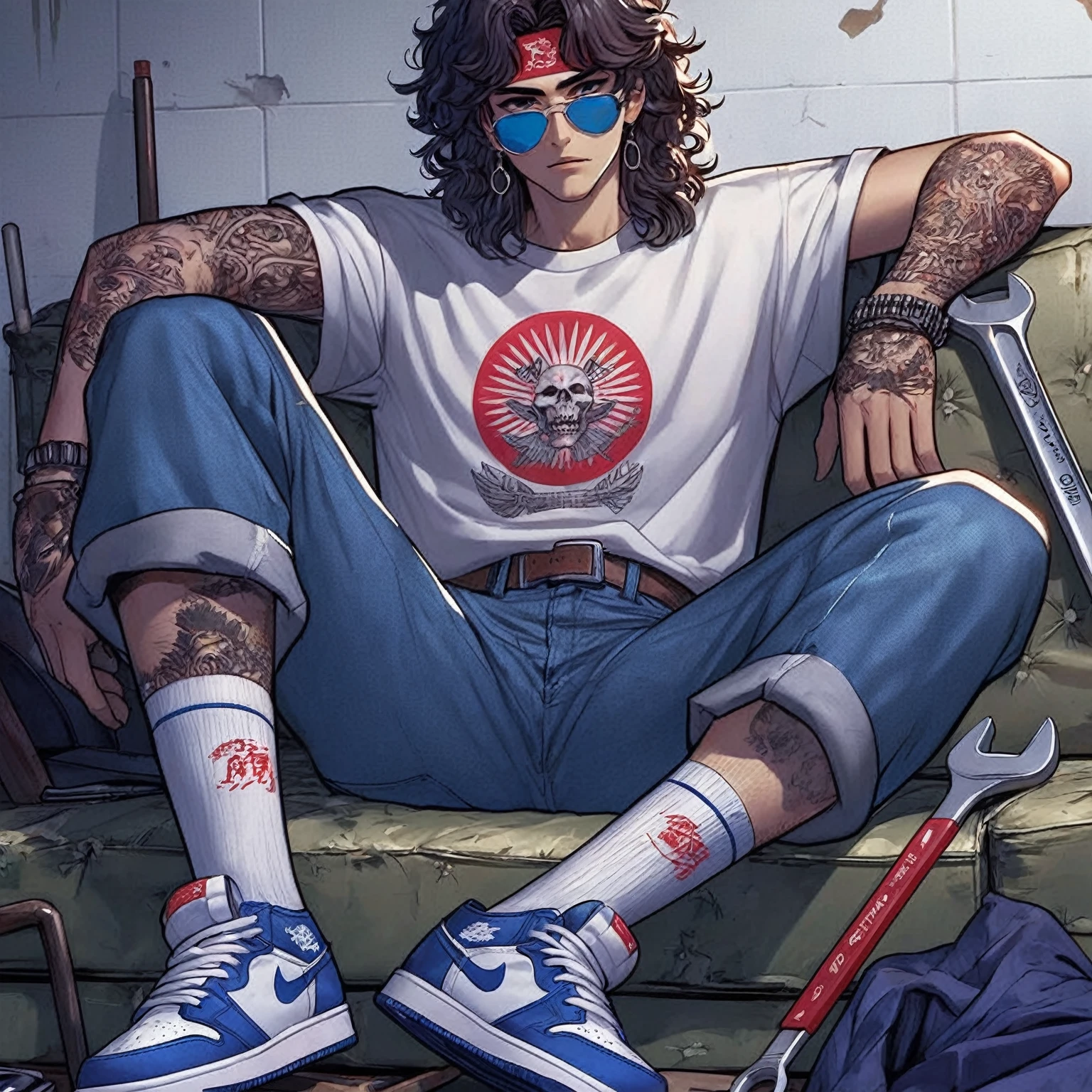 arafed man sitting on a couch with a wrench and a pair of shoes, handsome guy in demon slayer art, 8 0 s anime vibe, 8 0 s anime style, artwork in the style of guweiz, detailed fanart, in the art style of 8 0 s anime, 8 0 s anime art style, striking detailed artstyle, 90s anime style