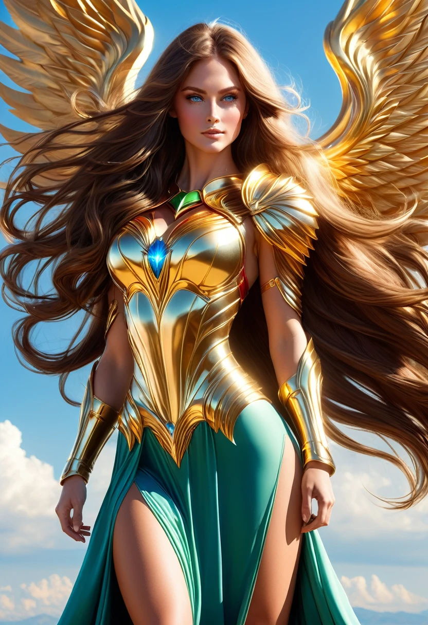 LOVELY WINGGED WOMAN, GOLD HUGE WINGS, HUGE LONG BROWN HAIR, TANNING SKIN BLUE EYES, HIGH CHEEKBONES, ROSY CHEEKS, MENTAL FORAMEN, HUGE LONG HAIR, VOLUMOUS HAIR,  RED GREEN LONG DRESS, GOLD GAUNTLETS, ATHLETIC BODY, SIDE BODY VIEW, HEAVEN, SUNLIGHT, BACKLIGHTS, , BLUE SKY, DAYLIGHT, ACCURATE IMAGE, MASTERPIECE.