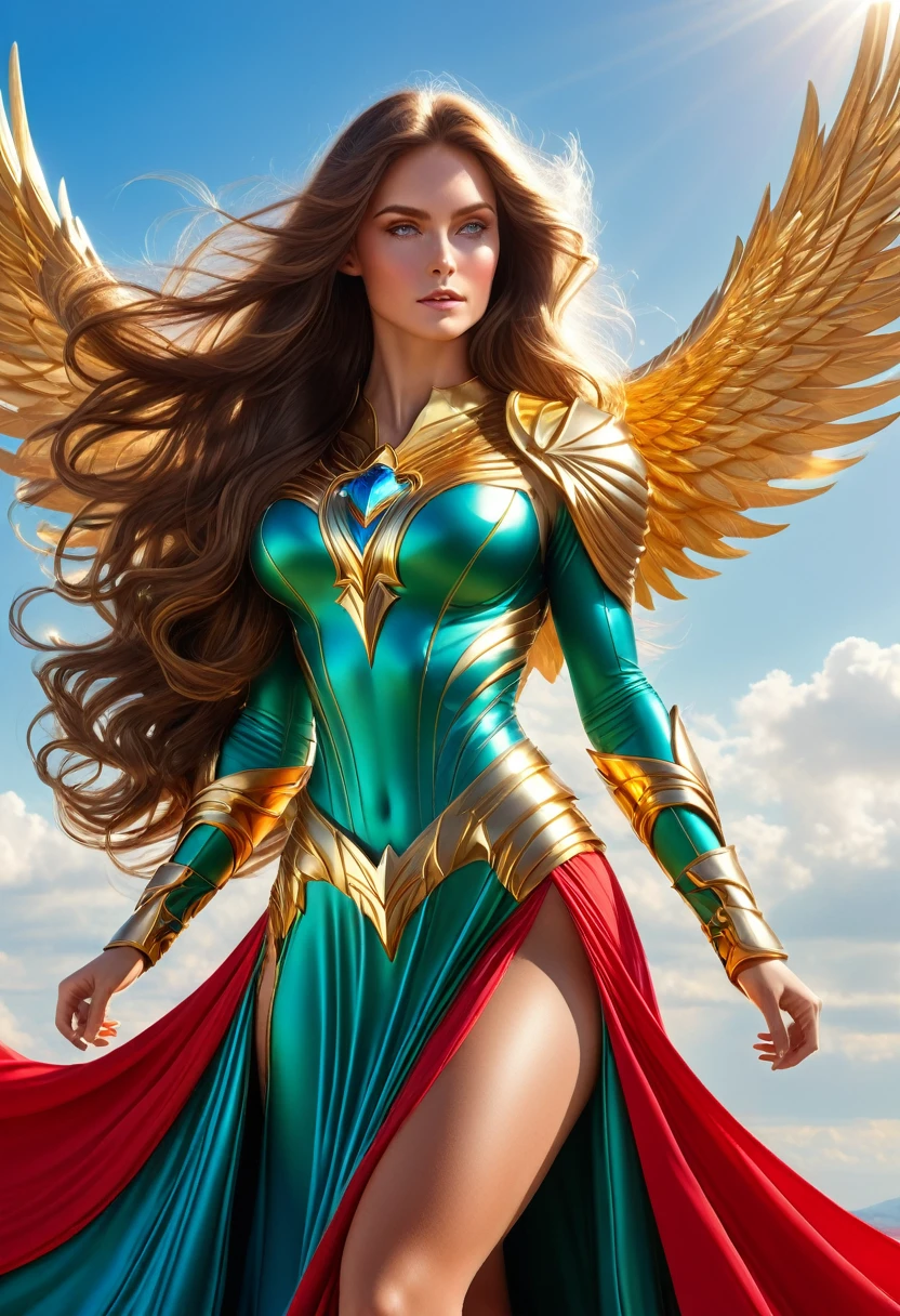 LOVELY WINGGED WOMAN, GOLD HUGE WINGS, HUGE LONG BROWN HAIR, TANNING SKIN BLUE EYES, HIGH CHEEKBONES, ROSY CHEEKS, MENTAL FORAMEN, HUGE LONG HAIR, VOLUMOUS HAIR,  RED GREEN LONG DRESS, GOLD GAUNTLETS, ATHLETIC BODY, SIDE BODY VIEW, HEAVEN, SUNLIGHT, BACKLIGHTS, , BLUE SKY, DAYLIGHT, ACCURATE IMAGE, MASTERPIECE.