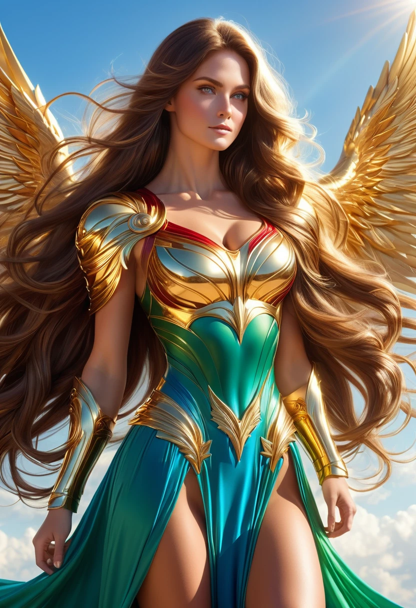 LOVELY WINGGED WOMAN, GOLD HUGE WINGS, HUGE LONG BROWN HAIR, TANNING SKIN BLUE EYES, HIGH CHEEKBONES, ROSY CHEEKS, MENTAL FORAMEN, HUGE LONG HAIR, VOLUMOUS HAIR,  RED GREEN LONG DRESS, GOLD GAUNTLETS, ATHLETIC BODY, SIDE BODY VIEW, HEAVEN, SUNLIGHT, BACKLIGHTS, , BLUE SKY, DAYLIGHT, ACCURATE IMAGE, MASTERPIECE.