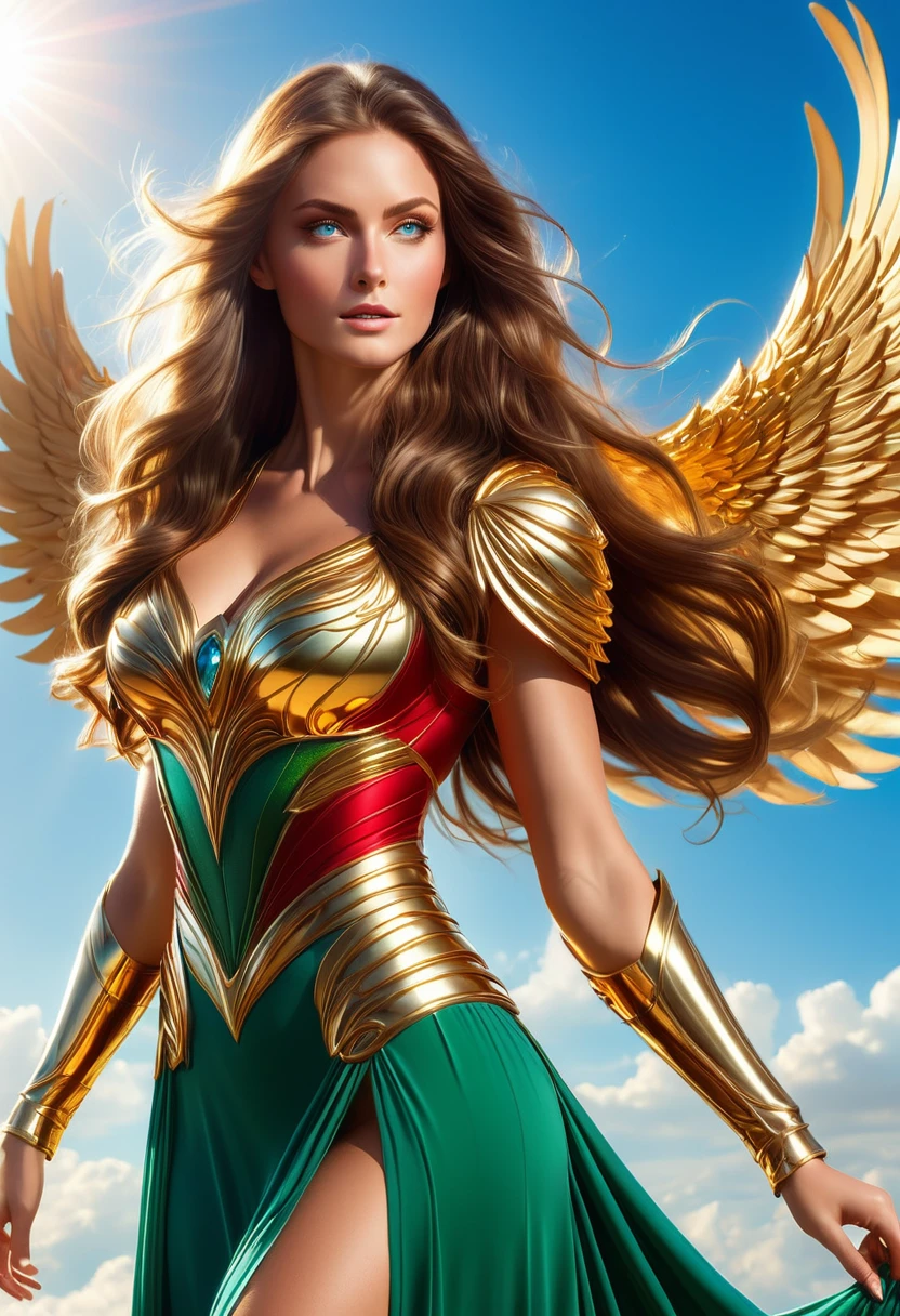 LOVELY WINGGED WOMAN, GOLD HUGE WINGS, HUGE LONG BROWN HAIR, TANNING SKIN BLUE EYES, HIGH CHEEKBONES, ROSY CHEEKS, MENTAL FORAMEN, HUGE LONG HAIR, VOLUMOUS HAIR,  RED GREEN LONG DRESS, GOLD GAUNTLETS, ATHLETIC BODY, SIDE BODY VIEW, HEAVEN, SUNLIGHT, BACKLIGHTS, , BLUE SKY, DAYLIGHT, ACCURATE IMAGE, MASTERPIECE.