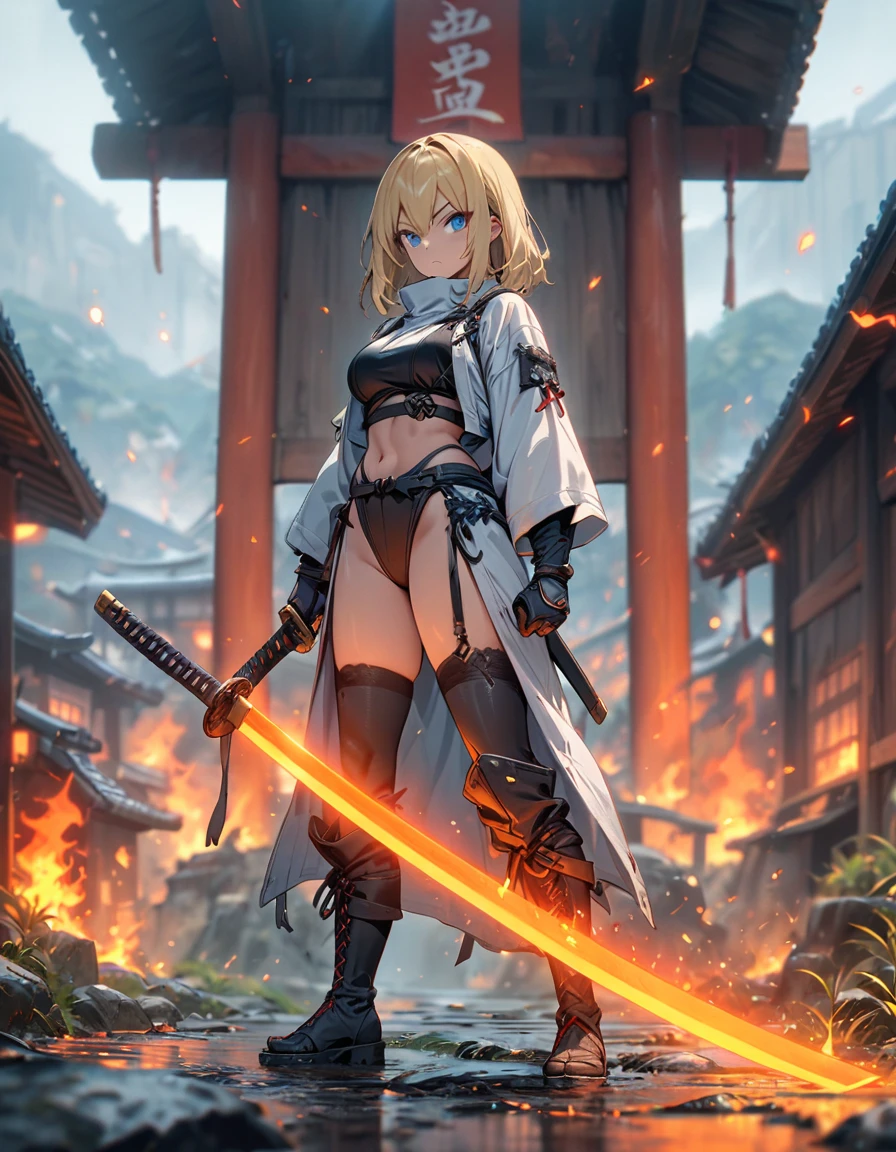 masterpiece, best quality, 1girl, blonde_hair, blue_eyes, boots,  long white overcloat, breasts, clenched hand, clenched hands, crop top, full body, gloves, knee boots, medium hair, medium breasts, midriff, navel, bob hair, solo, standing, thighhighs, turtleneck, black leotard, ninja, (holding a samurai sword, katana, glowing sword), burning japanese village backdrop, danger atmosphere, grim, stance, full body with costume