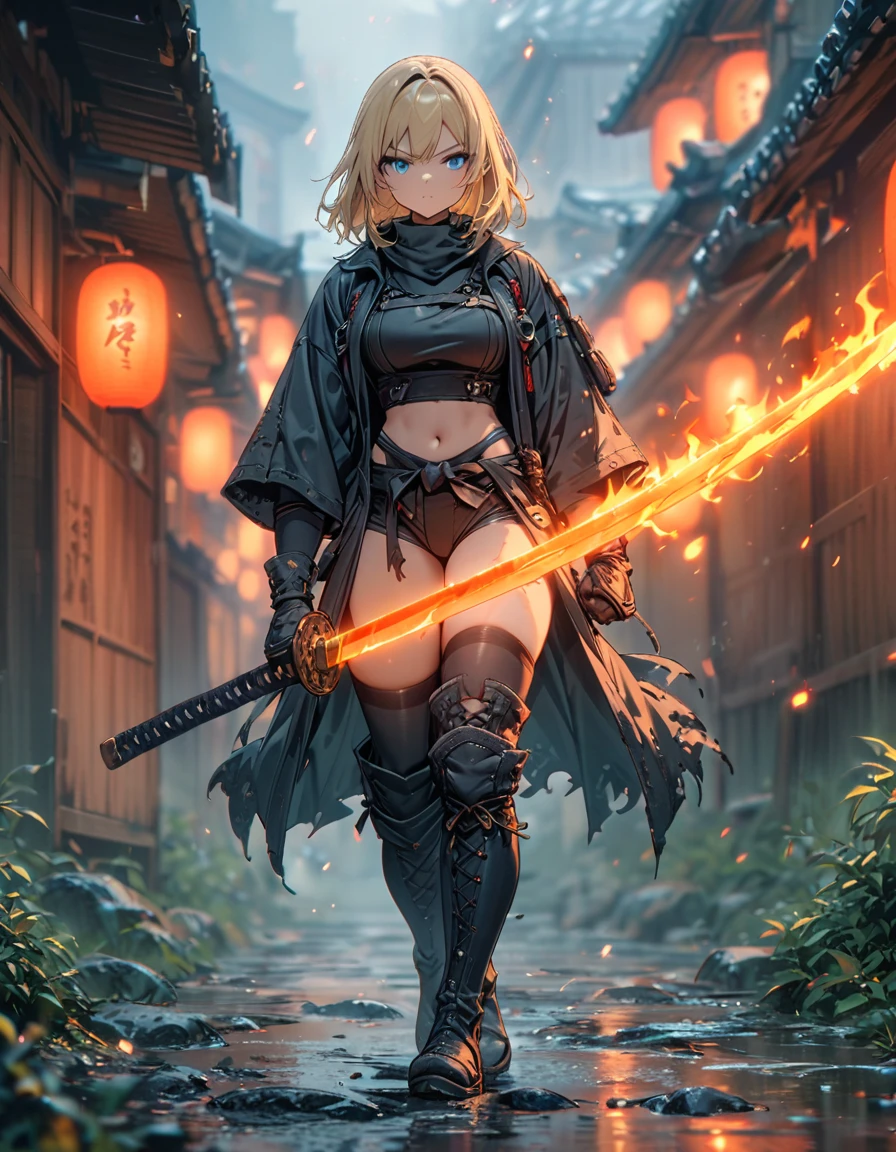 masterpiece, best quality, 1girl, blonde_hair, blue_eyes, boots,  long white overcloat, breasts, clenched hand, clenched hands, crop top, full body, gloves, knee boots, medium hair, medium breasts, midriff, navel, bob hair, solo, standing, thighhighs, turtleneck, black leotard, ninja, (holding a samurai sword, katana, glowing sword), burning japanese village backdrop, danger atmosphere, grim, stance, full body with costume