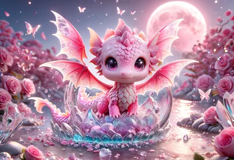 Ultra detailed, HDR, Highres, absurdres, master piece, Pink dragon, expressive pink eyes, small dragon, glass, pink glittering b...