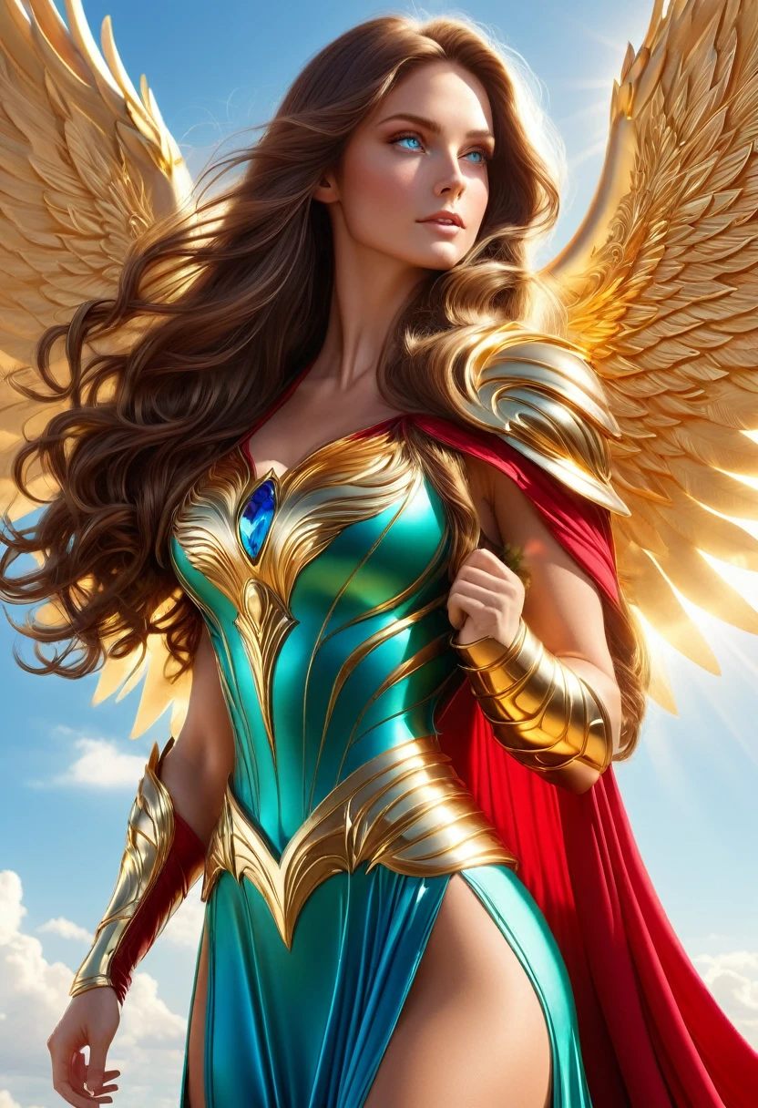 LOVELY WINGGED WOMAN, GOLD HUGE WINGS, HUGE LONG BROWN HAIR, TANNING SKIN BLUE EYES, HIGH CHEEKBONES, ROSY CHEEKS, MENTAL FORAMEN, HUGE LONG HAIR, VOLUMOUS HAIR,  RED GREEN LONG DRESS, GOLD GAUNTLETS, ATHLETIC BODY, SIDE BODY VIEW, HEAVEN, SUNLIGHT, BACKLIGHTS, , BLUE SKY, DAYLIGHT, ACCURATE IMAGE, MASTERPIECE.