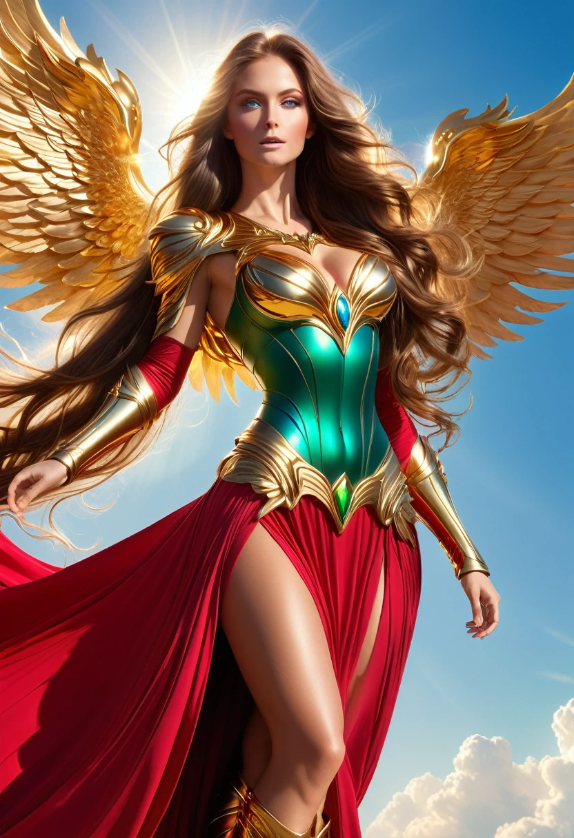 LOVELY WINGGED WOMAN, GOLD HUGE WINGS, HUGE LONG BROWN HAIR, TANNING SKIN BLUE EYES, HIGH CHEEKBONES, ROSY CHEEKS, MENTAL FORAMEN, HUGE LONG HAIR, VOLUMOUS HAIR,  RED GREEN LONG DRESS, GOLD GAUNTLETS, ATHLETIC BODY, SIDE BODY VIEW, HEAVEN, SUNLIGHT, BACKLIGHTS, , BLUE SKY, DAYLIGHT, ACCURATE IMAGE, MASTERPIECE.