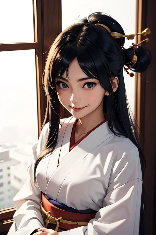 Highest quality　High resolution　Simple　Shrine maiden服　Long bangs　Adult female　Shrine maiden　Loose expression　cute　smile　Scarlet Hakama　Beautiful Eyes　One Woman　Long side hair　Very black hair　Shiny long hair　Straight hair　Ahoge　Wide sleeves　Long hem　cute目　White Background