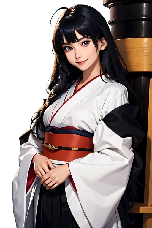 Highest quality　High resolution　Simple　Shrine maiden服　Long bangs　Adult female　Shrine maiden　Loose expression　cute　smile　Scarlet Hakama　Beautiful Eyes　One Woman　Long side hair　Very black hair　Shiny long hair　Straight hair　Ahoge　Wide sleeves　Long hem　cute目　White Background