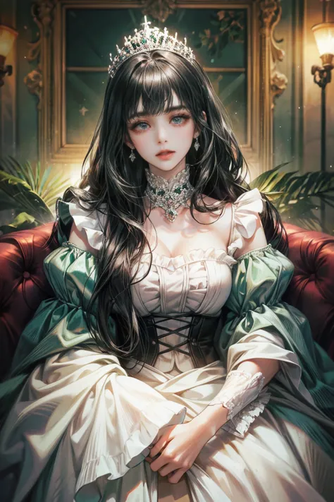 woman with long black hair, alone, looking at the viewer, green eyes, white dress with ruffles, princess, royals