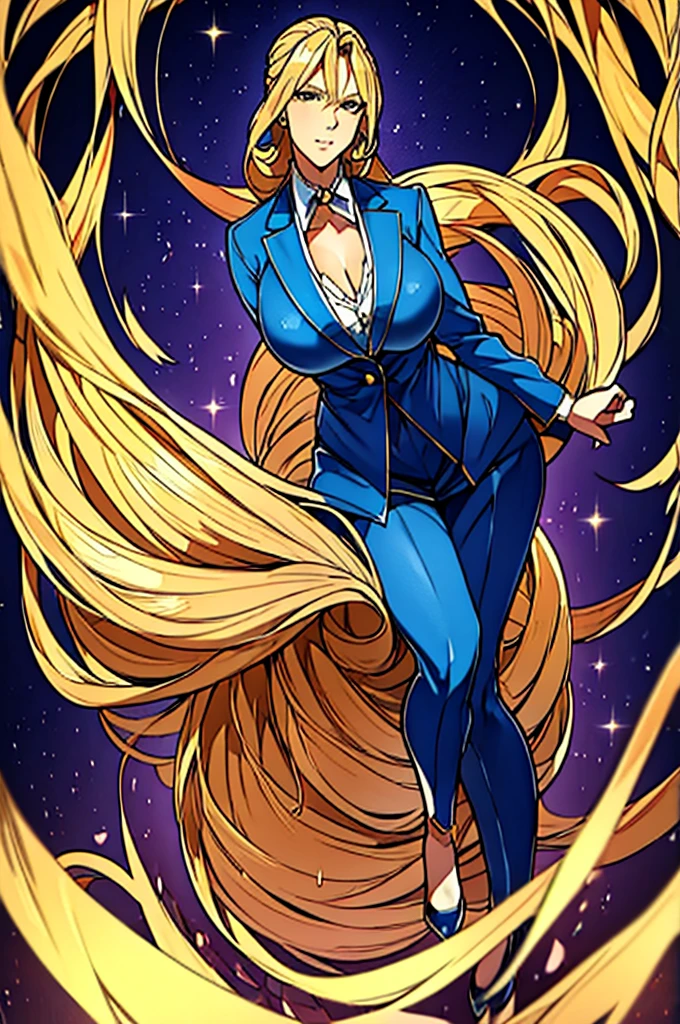 "Anime-style: Create an illustration of a very beautiful, tall 60-year-old woman with long, golden blonde hair styled in large coils. She wears a blue suit. Her arrogant attitude is matched by a confident, powerful posture, exuding an aura of authority."