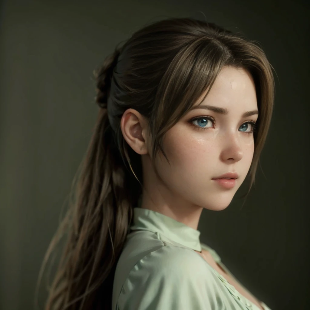 Aerith, green eyes, (best quality, ultra-detailed), (realistic:1.37), beautiful and detailed face, ultra-realistic texture, delicate face, delicate body, red lipstick, bright colors. High definition, 8K.