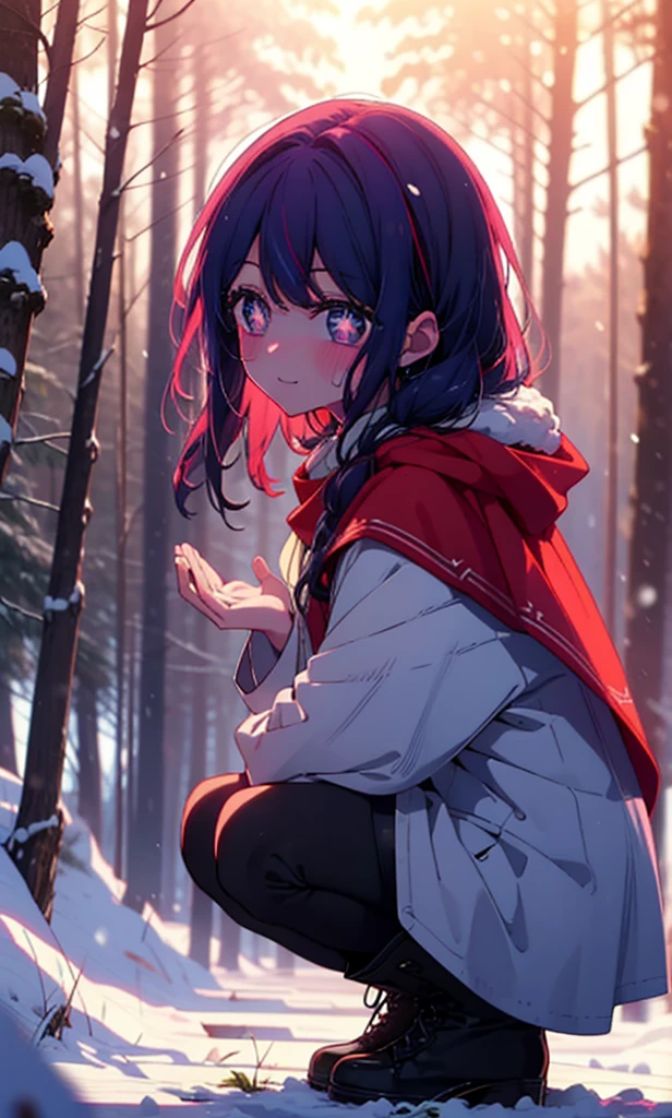 aihoshino, Ai Hoshino, Long Hair, bangs, (Purple eyes:1.1), Purple Hair, (Symbol-shaped pupil:1.5), smile,,smile,blush,White Breath,
Open your mouth,snow,Ground bonfire, Outdoor, boots, snowing, From the side, wood, suitcase, Cape, Blurred, , forest, White handbag, nature,  Squat, Mouth closed, Cape, winter, Written boundary depth, Black shoes, red Cape break looking at viewer, Upper Body, whole body, break Outdoor, forest, nature, break (masterpiece:1.2), Highest quality, High resolution, unity 8k wallpaper, (shape:0.8), (Beautiful and beautiful eyes:1.6), Highly detailed face, Perfect lighting, Extremely detailed CG, (Perfect hands, Perfect Anatomy),