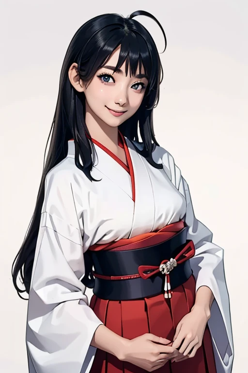 Highest quality　High resolution　Simple　Shrine maiden服　Long bangs　Adult female　Shrine maiden　Loose expression　cute　smile　Scarlet Hakama　Beautiful Eyes　One Woman　Long side hair　Very black hair　Shiny long hair　Straight hair　Ahoge　Wide sleeves　Long hem　cute目　White Background