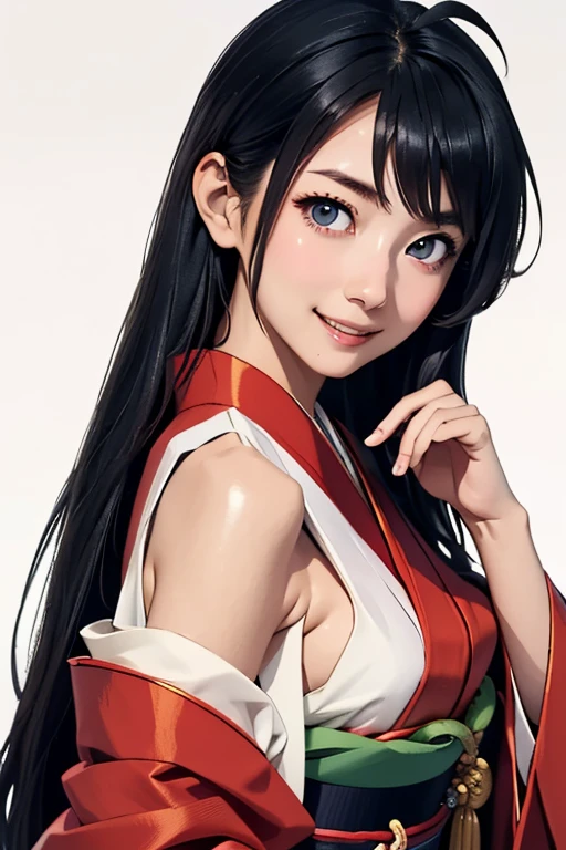 Highest quality　High resolution　Simple　Shrine maiden服　Long bangs　Adult female　Shrine maiden　Loose expression　cute　smile　Scarlet Hakama　Beautiful Eyes　One Woman　Long side hair　Very black hair　Shiny long hair　Straight hair　Ahoge　Wide sleeves　Long hem　cute目　White Background