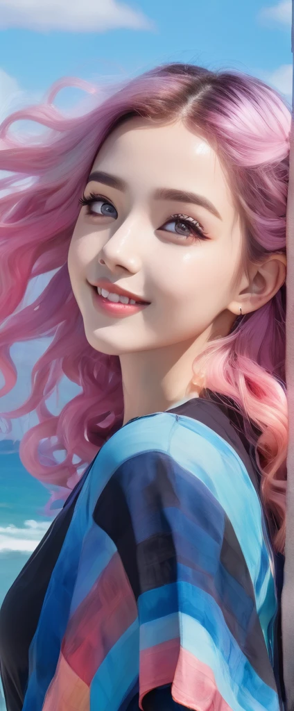 A stunning portrait of a 17-year-old girl with rainbow-coloured hair, a mix of blue and pink, under a brilliant sky on a sunny summer day、A breathtaking view unfolds。Half blue and half pink、A girl with colorful, flowing hair、Standing with a captivating smile。Long curls cascading down in golden waves、Frames bright sky blue eyes。Red and black repair dress 1.Wearing a voluminous 2-meter skirt、Captivate the audience with elegance。The dress was torn in many places、It is revealed