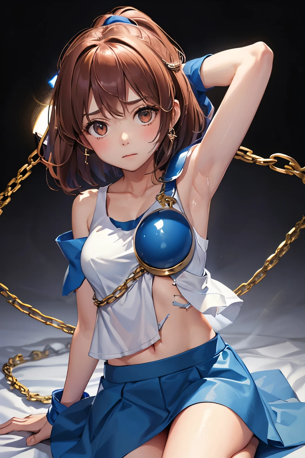 （（（ＳＦＷ、sound、Highest quality、first-clasasterpiece、Normal body、8K、Detailed face、Ultra-precision、Normal hand、Normal finger、５Finger、Highest）））、beautiful girl、Brown Hair、Bobcut、slender、low length、thin feet、Arles Naja、Puyo Puyo、Sorcerer、Blue short-sleeved shirt、White tank top、Tank top over shirt、Blue mini skirt、Half shoulder pad、Half Breastplate、blush、Dungeons、Spread your legs、Torn garments、ripped tank top、Ripped shirt、Torn skirt、Skirt flipped up、Skirt disheveled、You can see the pure white pants、He is surprised that his clothes have been torn apart.、Exposed skin、Place your arms behind your head、Chained、Restrained by chains、first round、first roundに鎖、Chained、kneel、Chain bondage、Frightened