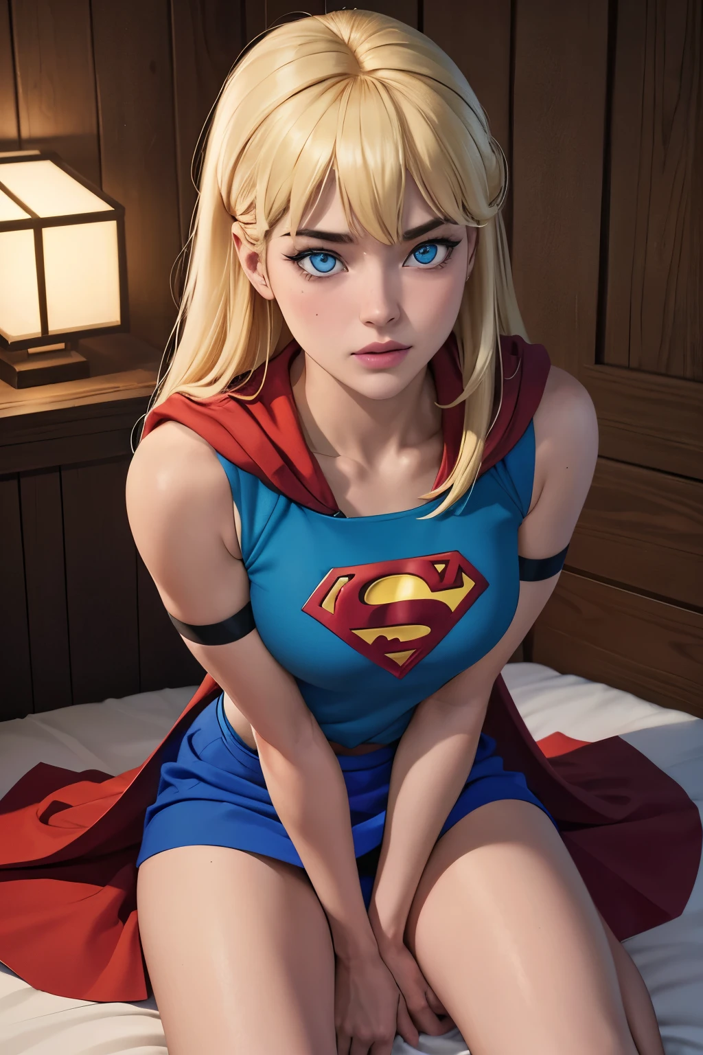 work of art, cru, linda arte, professional artist, 8K, very highly detailed face, very detailed hair, 1 girl, Supergirl (hair blonde, long hair, hair elastic, blue colored eyes, mitts, red cloak, short and tight blue skirt, white  shirt), lying on her bed in the Watchtower, Panas, lust, excitado, blushful, your hands exploring your body, thinking about girlfriend, missing your lover, Camera from above, no label, No brand, perfectly dCRUn body, beautiful  face, very detailedeyes, rosy cheeks, details Intricate in eyes, pursed lips, perfect shape body, Body cute, extremely detaild, details Intricate, highy detailed, Spitz focus, skin detailed, realistic skin texture, texture, detailedeyes, high resolution, kodak vision color, photoshot_\(ultra\), Post-processing, maximum detail, roughness, real-life, ultra realistic, pPanasorealism, pPanasography, absurderes, RAW pPanaso, highest quallity, high detail RAW color pPanaso, professional pPanaso, extremely detaild UHD 8K wallpaper unit, best qualityer, high resolution, (work of art, maximum quality, high resolution:1.4), pPanaso, cinematic, Film grain, Spitz, soft natural light, magic pPanasography, super verbose