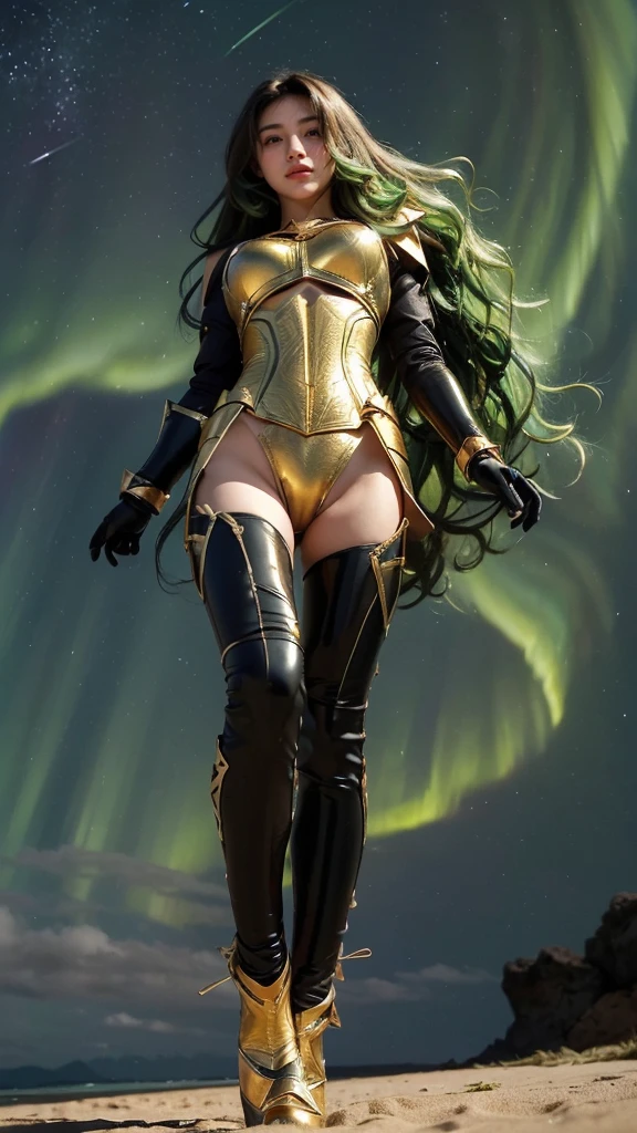 ((best quality)), ((masterpiece)), (ultra detailed lights), ((full body shot)), ((tall girl)), ((fit body)), teen girl, extremely beautiful, perfect eyes, ((slim body)), thighs gap, ultra face details, 20 years old, ((green wavy hair:1.2)), ((hair blown by strong winds :1.3)), Award-winning photograph, ((symmetrical pose)), ((teen goddess girl)), ((full body golden black armor:1.3)) are in the middle of battlefield, posing in the middle, intricate details, ((thight golden armour)), ((extremely details armor)), ((tight latex panties)), ((full legs golden armor:1.2)), ((24k-gold armor)), ((edge luminous armor)), cameltoe, luminescent, epic lights reflections, ((Athena's golden bow), at beach, full of stars, orange clouds, nebula sky, epic aurora borealis in the background, shooting stars, ((from below))