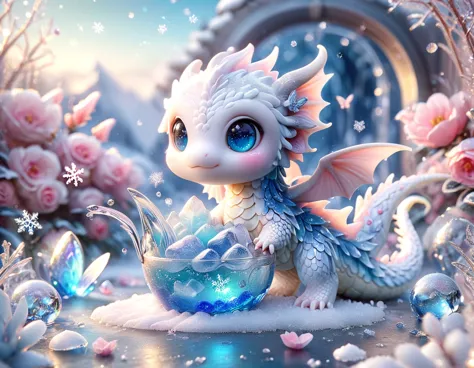 Ultra detailed, HDR, Highres, absurdres, master piece, white dragon, expressive blue eyes, small dragon, glass, ice glittering b...
