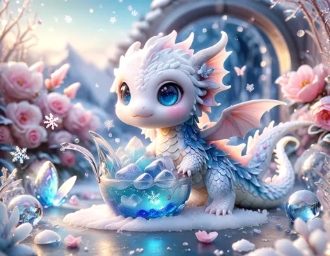 ultra detailed, hdr, highres, absurdres, master piece, white dragon, expressive blue eyes, small dragon, glass, ice glittering b...