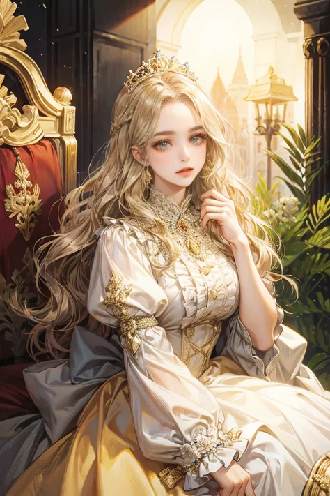 woman with wavy hair, looking at the viewer, gold eyes, princess, royals, dress with bows and ruffles