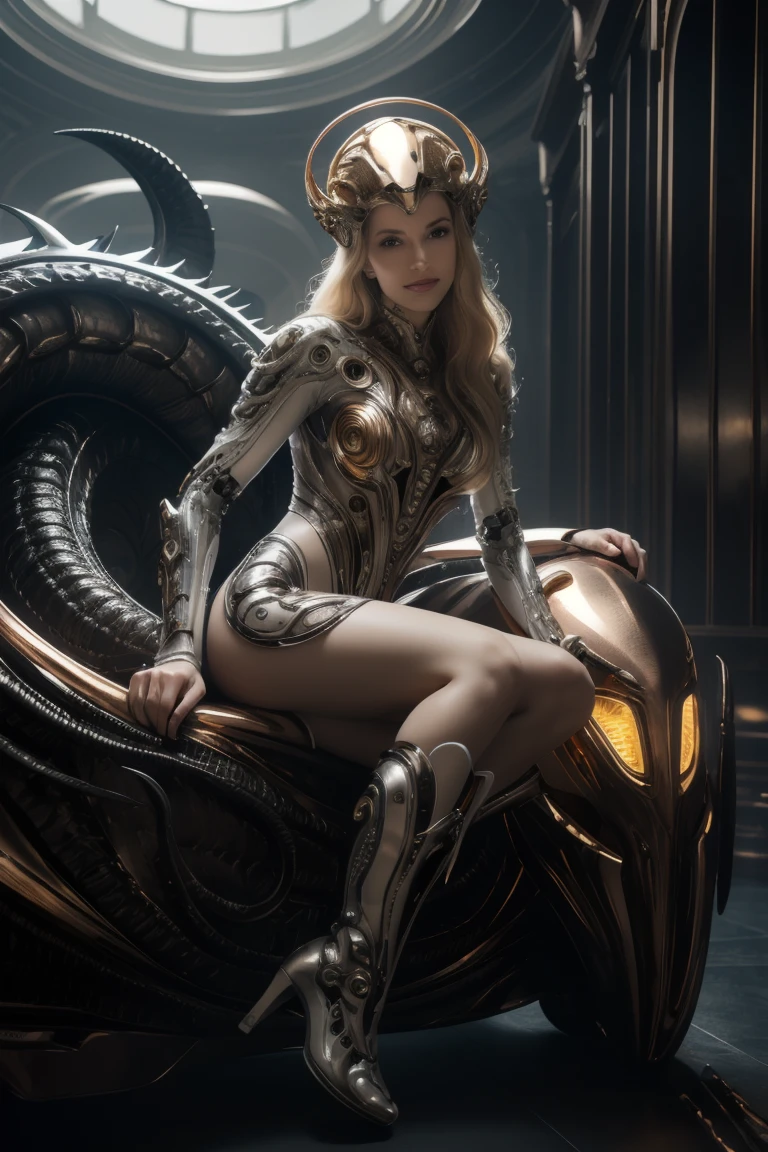 (masterpiece1.2),(best quality:1.2),(raw photo),1girl rides a dragon, solo,robot woman by cybernetic ludum dare,blond hair,legs,boots,(light smile:0.85),looks at viewer,face to viewer,in the style of sci-fi baroque, (rococo_style headgear), translucent thin tubes linked with helmet,white,copper_color, glowing light,8k resolution, machine aesthetics, intricate detail, hyper-realistic sci-fi, futuristic organic,(high key lighting),the bodysuit composed of  various translucent mechanical parts, H.R. Giger aesthetic,cyberpunk aesthetic. baroque xenomorph,dust in light,foggy,bokeh,kodak film,kodak portra 400,natural skin, true skin texture,  