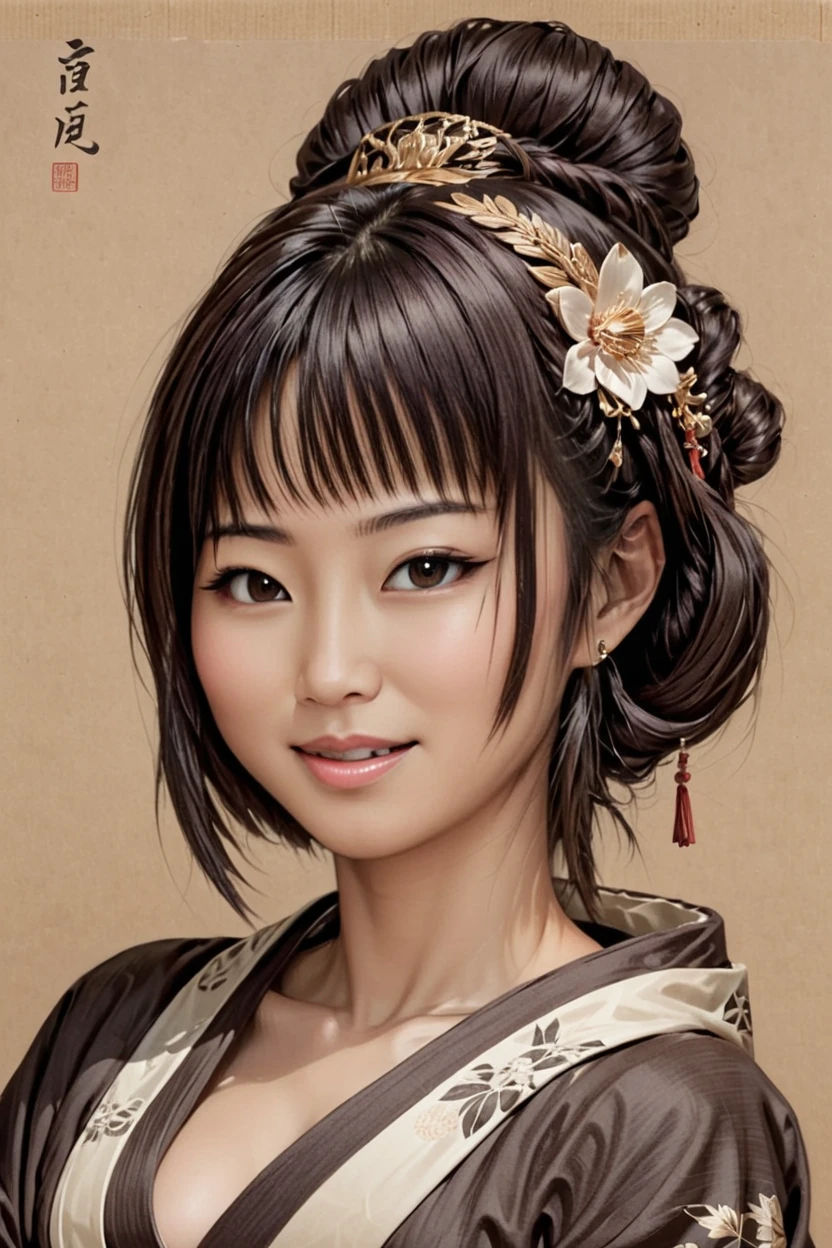 Black and brown drawing of a Japanese woman,sly smile from under forehead, on kraft paper, Karl Kopinski, fantasy, highly detailed, Vlop and Krenz Cushart, ornate detailing, Jean-Sebastian Rossbach, James Gene,ebes