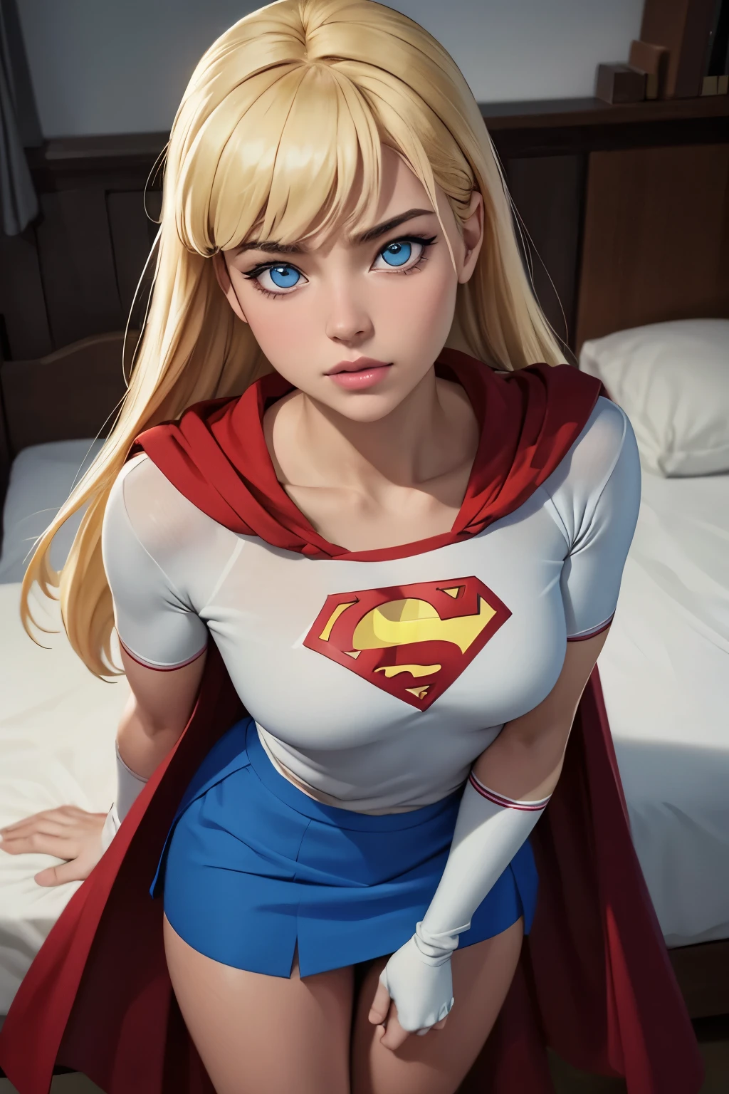 work of art, cru, linda arte, professional artist, 8K, very highly detailed face, very detailed hair, 1 girl, Supergirl (hair blonde, long hair, hair elastic, blue colored eyes, mitts, red cloak, short and tight blue skirt, white  shirt), lying on her bed in the Watchtower, Panas, lust, excitado, blushful, your hands exploring your body, thinking about girlfriend, missing your lover, Camera from above, no label, No brand, perfectly dCRUn body, beautiful  face, very detailedeyes, rosy cheeks, details Intricate in eyes, pursed lips, perfect shape body, Body cute, extremely detaild, details Intricate, highy detailed, Spitz focus, skin detailed, realistic skin texture, texture, detailedeyes, high resolution, kodak vision color, photoshot_\(ultra\), Post-processing, maximum detail, roughness, real-life, ultra realistic, pPanasorealism, pPanasography, absurderes, RAW pPanaso, highest quallity, high detail RAW color pPanaso, professional pPanaso, extremely detaild UHD 8K wallpaper unit, best qualityer, high resolution, (work of art, maximum quality, high resolution:1.4), pPanaso, cinematic, Film grain, Spitz, soft natural light, magic pPanasography, super verbose
