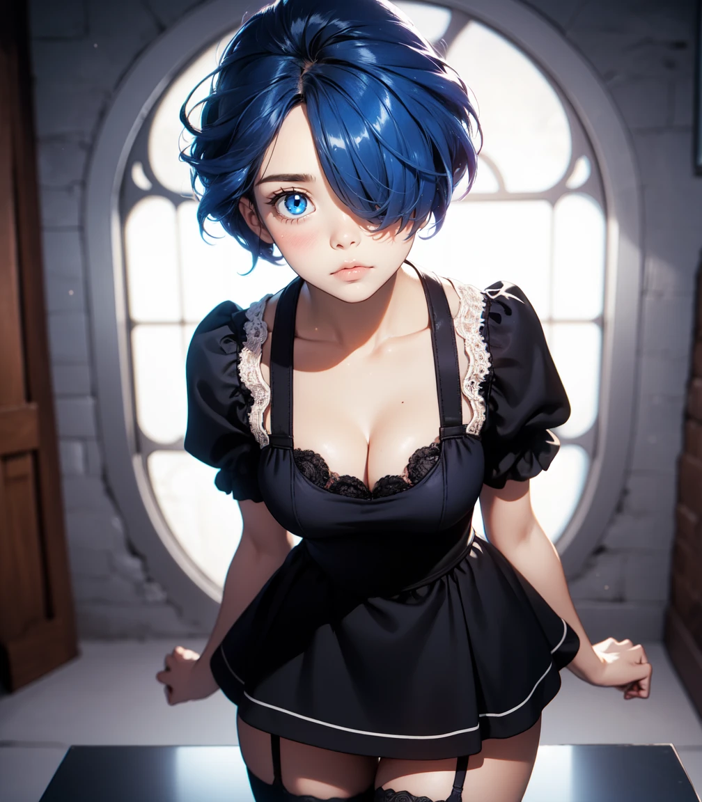 Masterpiece, best quality, 16k resolution, NVIDIA RTX Ray Tracing technology, Create a 4K resolution, ultra-realistic, and extremely detailed artwork, award winning, retina, soft light, sharp focus.(hyper-realistic:1.4) , (medium shot:1.5)

Rem from rezero, (remrin), cute, lustrous skin, enchanting gaze, blue hair, short hair, (hair over one eye:1.3), blue eyes, roswaal mansion maid uniform, black skirt, garter belt, intricate lace, apron, white thighhighs, looking at viewer, strongly ashamed, embarrased, blushing, epic, cinematic, dramatic, reflective, shining, purple glow, big breasts, cleavage, sexy, modeling pose, turned

smooth perfect skin, smooth_skin

Beautiful、(red blush)、big breasts, 

FULL BODY SHOT, ultra wide angle, textured skin, face detail, clean skin, perfect hands, perfect anatomy, anatomically correct