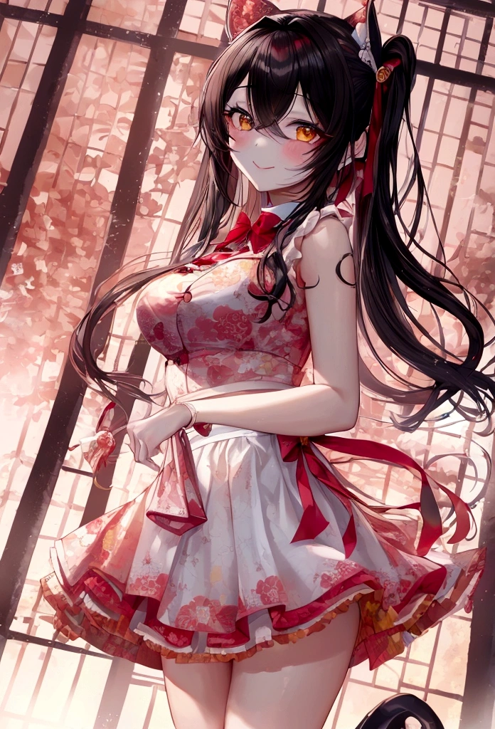 masterpiece, high quality, 1 Girl（（,whole body）） ((tokisaki kurumi)), Monochrome, Black Hair, , mini skirt, ((Right eye is red:1, Left eye yellow))),（（Beautiful Eyes）），（（Delicate face）） smile, cute, （（Are standing）），（（（Wearing red high heels）））, Beautiful body, cute face, Looking at the audience, Super Deka Oppei，超High resolution, Anatomically correct, Super detailed, Super detailed, High resolution, Accurate，