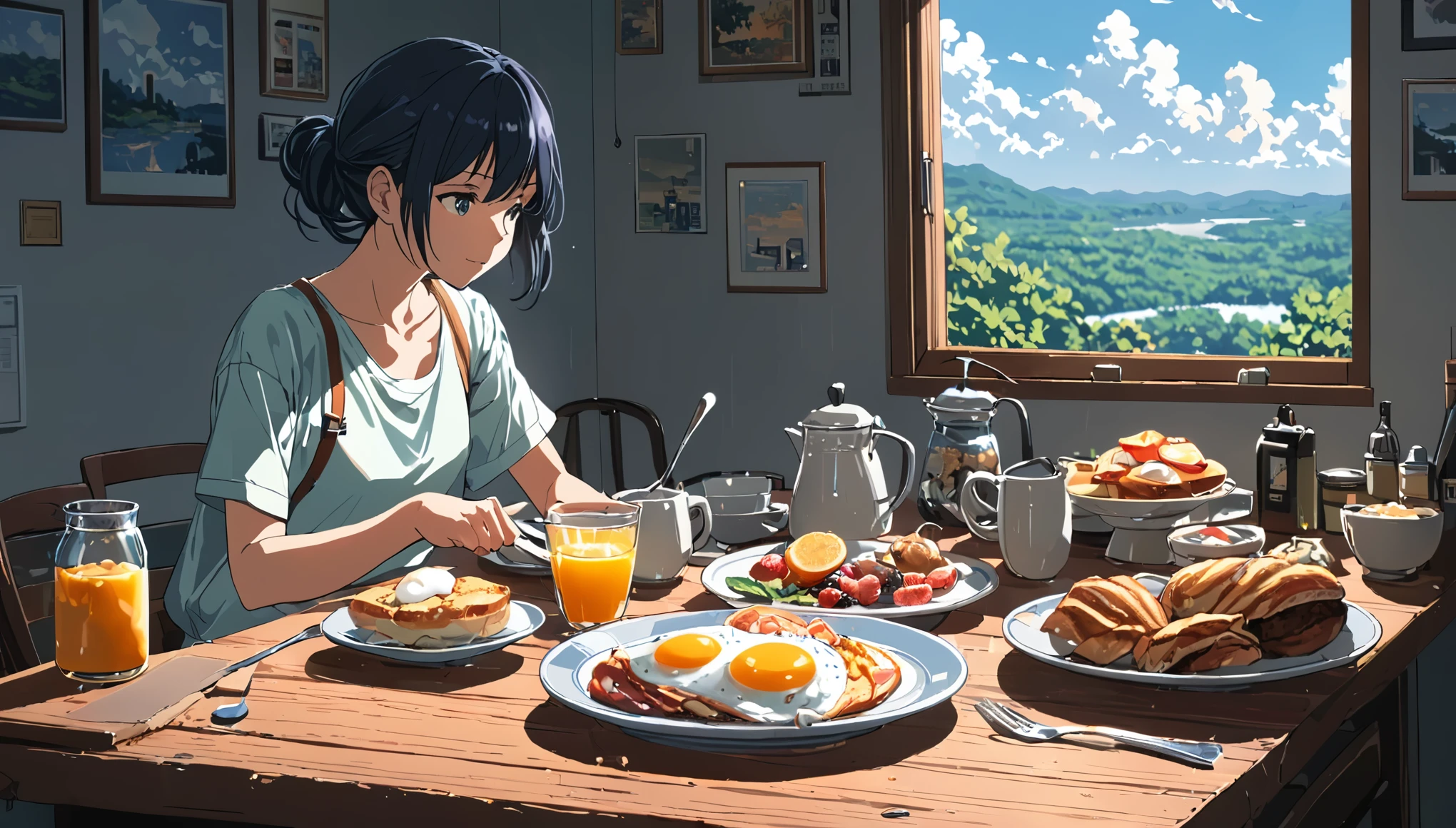 ((Anime: 1.4, Illustration)), (Masterpiece, Top Quality, Best Quality), (Ultra-Detailed, Absolutely Resolution), ((16k, HIGH RES)) (breakfast, morning, lighting), ( Anime: 1.4, Illustration)), (Masterpiece, Top Quality, Best Quality), (Ultra-Detailed, Absolutely Resolution). Ak {Lofi Art, Style of Laurie Greasley, Style of Makoto Shinkai, Anime Aesthetic}, BREAK {(Produces IMAGES WITH ITH INFORMATION THAN 40 Million Pixels with Cinematic-Like Detailed Textures S Hot on a Sony slur).}