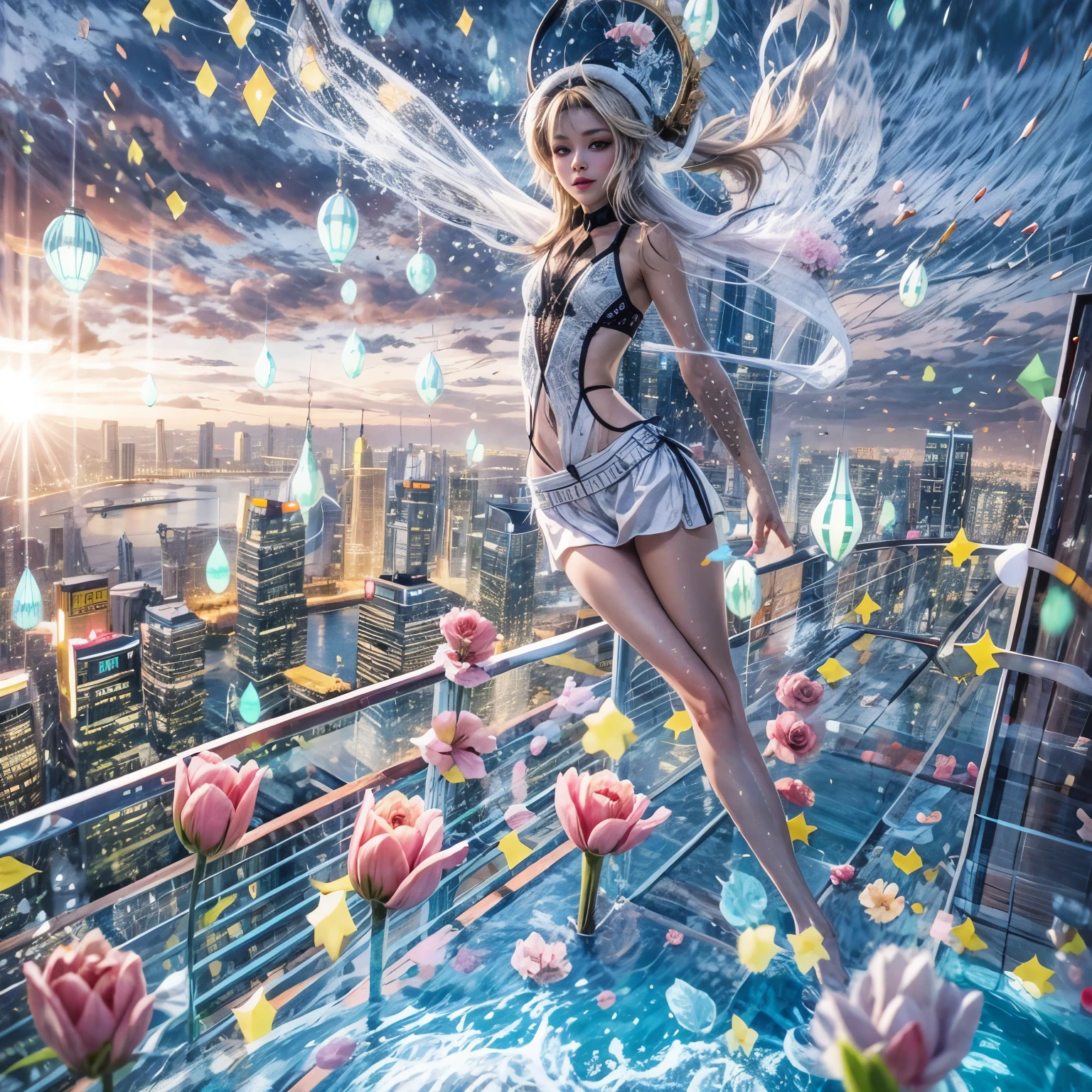 BloodRed, White in Pearly RainbowColors,ExtremelyDetailed(ProfessionalPhoto of Girl Floating in the Sky:1.37)ZoomLayer{Stunning|Mystic|GodRays|Haze}, 57th floor infinity pool in the urban forest. (Masterpiece 8K TopQuality:1.2)(ExtremelyDetailed NOGIZAKA face:1.37) ElaboratePupil with (SparklingHighlights:1.28) DoubleEyelids with Voluminous LongEyelashes PUNIPUNI RosyCheeks (Joyful Expressions LifeLike Rendering) MotionBlur  BREAK  (Acutance:0.77) PUNIPUNI Radiant Impeccable PearlSkin with Transparency White(Skinny SchoolSwimwear) {(HiddenHand)|((Corrected BabyLike Hand))} Whole Body Proportions and all limbs are Anatomically Accurate, {Carnation|Tulips|(Rose)} [FlowerWreath WrappedBody Full of Flowers Covering girl's body] {((Dazzling RainbowColorHorizon))|ColorfulSky|ColoredClouds|(Starly Particles)}(extra limbs:-1.4)(Not Detailed Face:-1.37)(Not Detailed Hand:-1.28), Drawing infinity pool reference to the rooftop of Marina Bay Sands