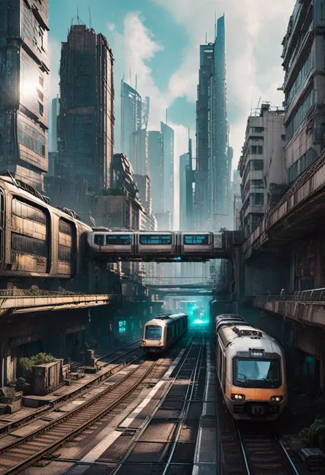 Image of the center of an ultra futuristic city with a train passing between modern buildings. cyberpunk style, Science fiction 