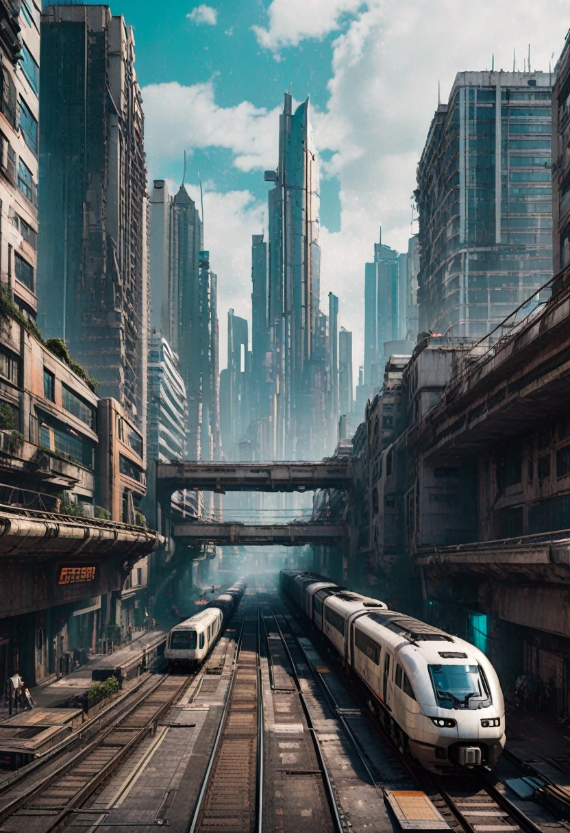 近代的なビルの間を電車が通る超未来都市の中心部のイメージ. サイバーパンクスタイル, SF 