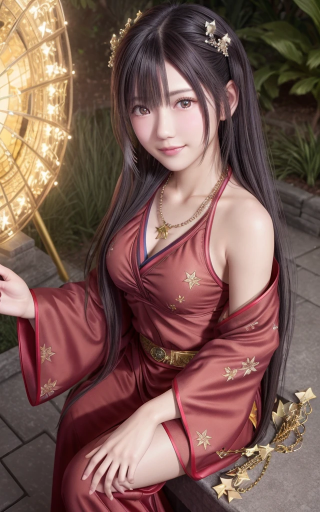 最high quality, masterpiece, High resolution, uxia 1 girl,blush,(enchanting smile:0.8),star-shaped pupil,Chinese Hanfu,hair ornaments,necklace, jewelry,beautiful face,On top of that_body, Tyndall effect,realistic, Dark studio, rim lighting, two-tone lighting,(high definition skin:1.2), 8k UHD, Digital single-lens reflex camera, soft lighting, high quality, volume lighting, Frank, photograph, High resolution, 4k, 8k, 