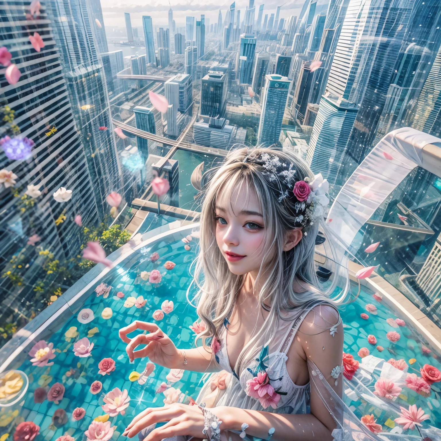 Rouge sang, Blanc dans les couleurs nacrées de l&#39;arc-en-ciel,Extrêmement détaillé(Photo professionnelle d&#39;une fille flottant dans le ciel:1.37)ZoomCouche{superbe|mystique|Dieux|brume}, Piscine à débordement au 57ème étage dans la forêt urbaine. (Chef-d&#39;œuvre 8K de qualité supérieure:1.2)(Extrêmement détaillé NOGIZAKA face:1.37) ÉlaborerÉlève avec (Points forts pétillants:1.28) Paupières doubles avec cils longs et volumineux PUNIPUNI RosyCheeks (Expressions joyeuses, rendu réaliste) Pause de flou de mouvement  (Acuité:0.77) PUNIPUNI Radiant Impeccable PearlSkin avec Transparence Blanc(Maillots de bain d&#39;école maigres) {(Main Cachée)|((Main de bébé corrigée))} Les proportions du corps entier et tous les membres sont anatomiquement précises, {Œillet|tulipes|(rose)} [Couronne de fleurs enveloppée dans un corps rempli de fleurs couvrant le corps de la jeune fille.] {((Arc-en-ciel éblouissantCouleurHorizon))|ColoréCiel|Nuages colorés|(Particules étoilées)}(membres supplémentaires:-1.4)(Visage non détaillé:-1.37)(Main non détaillée:-1.28), Dessin d&#39;une piscine à débordement faisant référence au toit de Marina Bay Sands