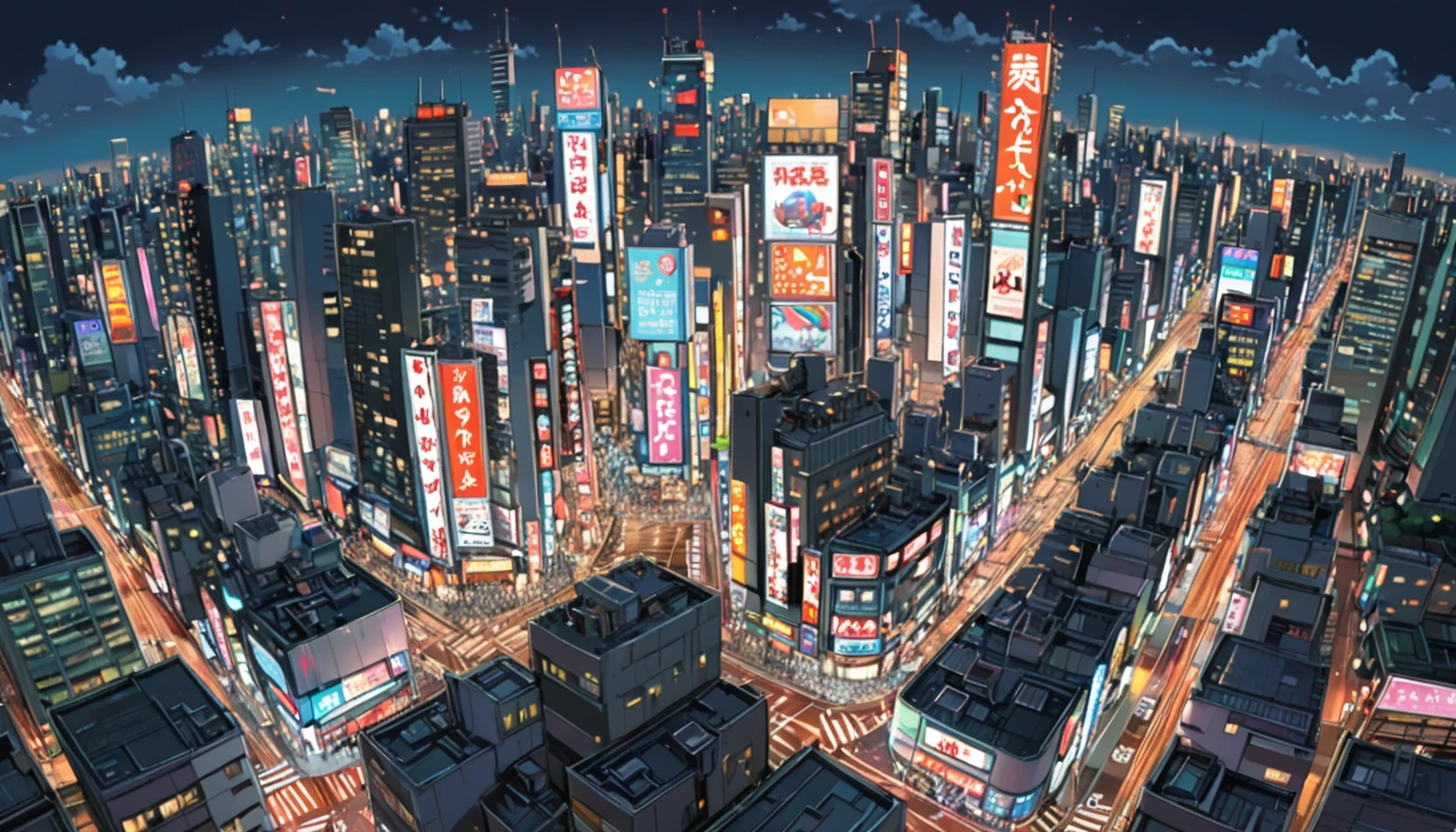 ((Anime: 1.4, Illustration)), (Masterpiece, Top Quality, Best Quality), (Ultra-Detailed, Absolutely Resolution), ((16k, HIGH RES)) (Shibuya cityscape, bird's-eye view, ultra-detailed cityscape, night, moonlight, neon signs), ( Anime: 1.4, Illustration)), (Masterpiece, Top Quality, Best Quality), (Ultra-Detailed, Absolutely Resolution). Ak {Lofi Art, Style of Laurie Greasley, Style of Makoto Shinkai, Anime Aesthetic}, BREAK {(Produces IMAGES WITH ITH INFORMATION THAN 40 Million Pixels with Cinematic-Like Detailed Textures S Hot on a Sony slur).}