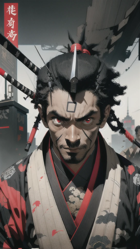 1 black samurai, 1 man, afrosamurai, black hair, cyberpunk, street style, streets of Tokyo, bright, with black skin, red eyes, looking at the viewer, upper body, megazine cover, shogum