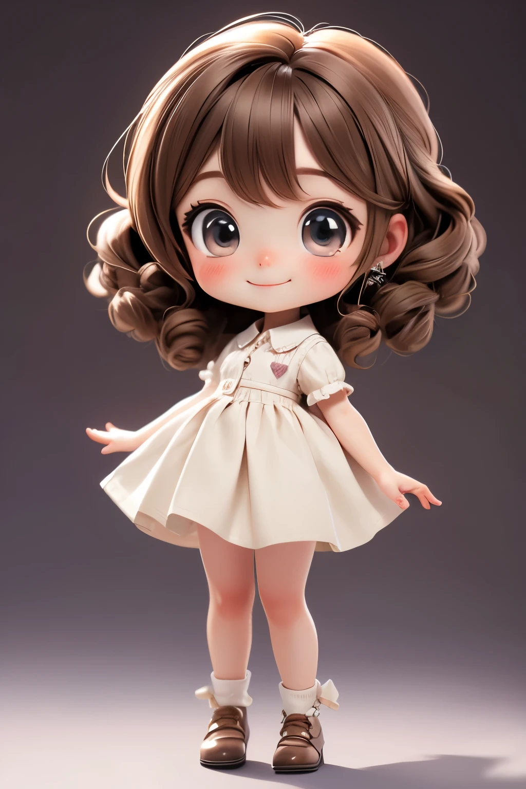 Super detailed、(Whole body - 1.2), 1 Chibi girl, Lovely, Smile, shirt, light brown hair, Soft curls fell on her