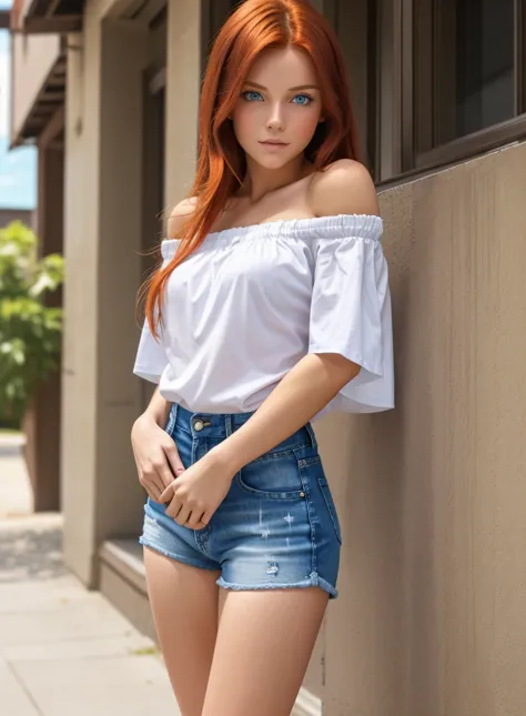 sexy young girl, long haired redhead with blue eyes, Short white off-the-shoulder shirt, bright blue short jean shorts, short br...