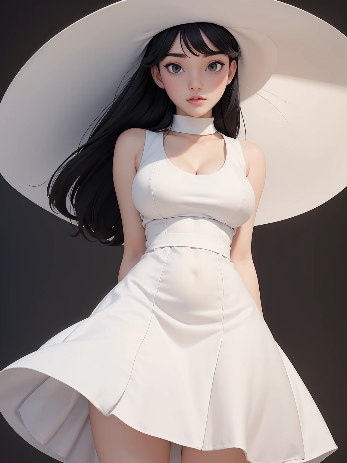 (أفضل جودة, تحفة, وجه مثالي) شعر أسود, 18 سنة فتاة شاحبة, تمثال نصفي كبير, فستان الشمس الأبيض, قبعة بيضاء كبيرة
