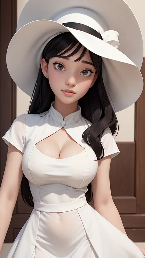 (best quality, masterpiece, perfect face) black hair, 18 years old pale girl, big bust, white sundress, big white hat