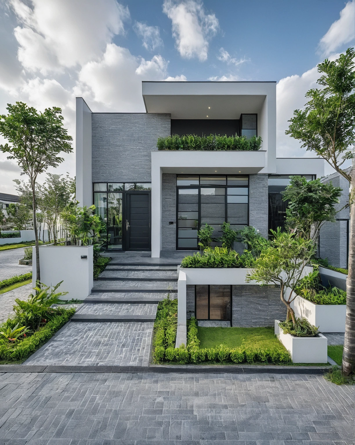 Raw photo, masterpiece, high quality, best quality, realistic, super detailed, outdoor, 2-storey house, modern townhouse style, (white wall), curved wall facade, aluminum interior door glass, curved planter, gray tiled accent wall, gray iron box exterior gate, road, sidewalk, grass, trees, sky, clouds, (daylight):1.1)