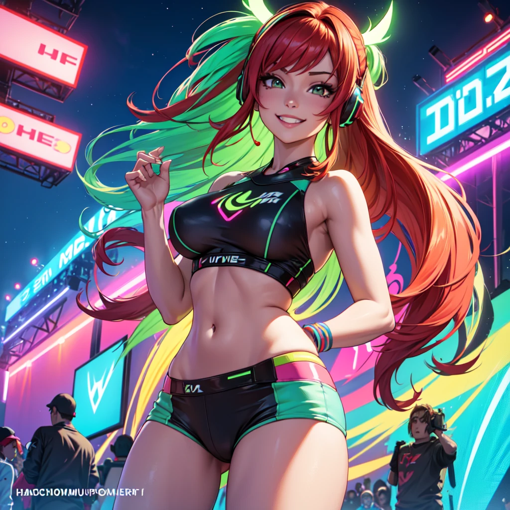 anime girl, 2 piece neon blue bikini, headphones,night beach ,dancing,smiling,(best quality:1.2),(ultra-detailed:1.2),(realistic:1.37),HDR,vivid colors,portraits,headphone girl,energetic pose,colorful lights,joyful expression ,anime style, atmosphere,techno music,electronic dance music,beach festival vibes,hip hop beats,festival outfit,expressive eyes,long hairstyle with vibrant green and red color hair, gold eyes, elaborate makeup neon lights,beaming smile,positive vibes,high-energy performance,stylized backgrounds,colorful visuals,excitement in the air, mid body portrait, hands and knees 