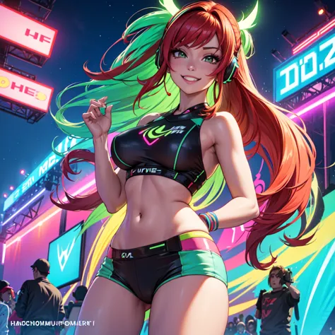anime girl, 2 piece neon blue bikini, headphones,night beach party,dancing,smiling,(best quality:1.2),(ultra-detailed:1.2),(real...