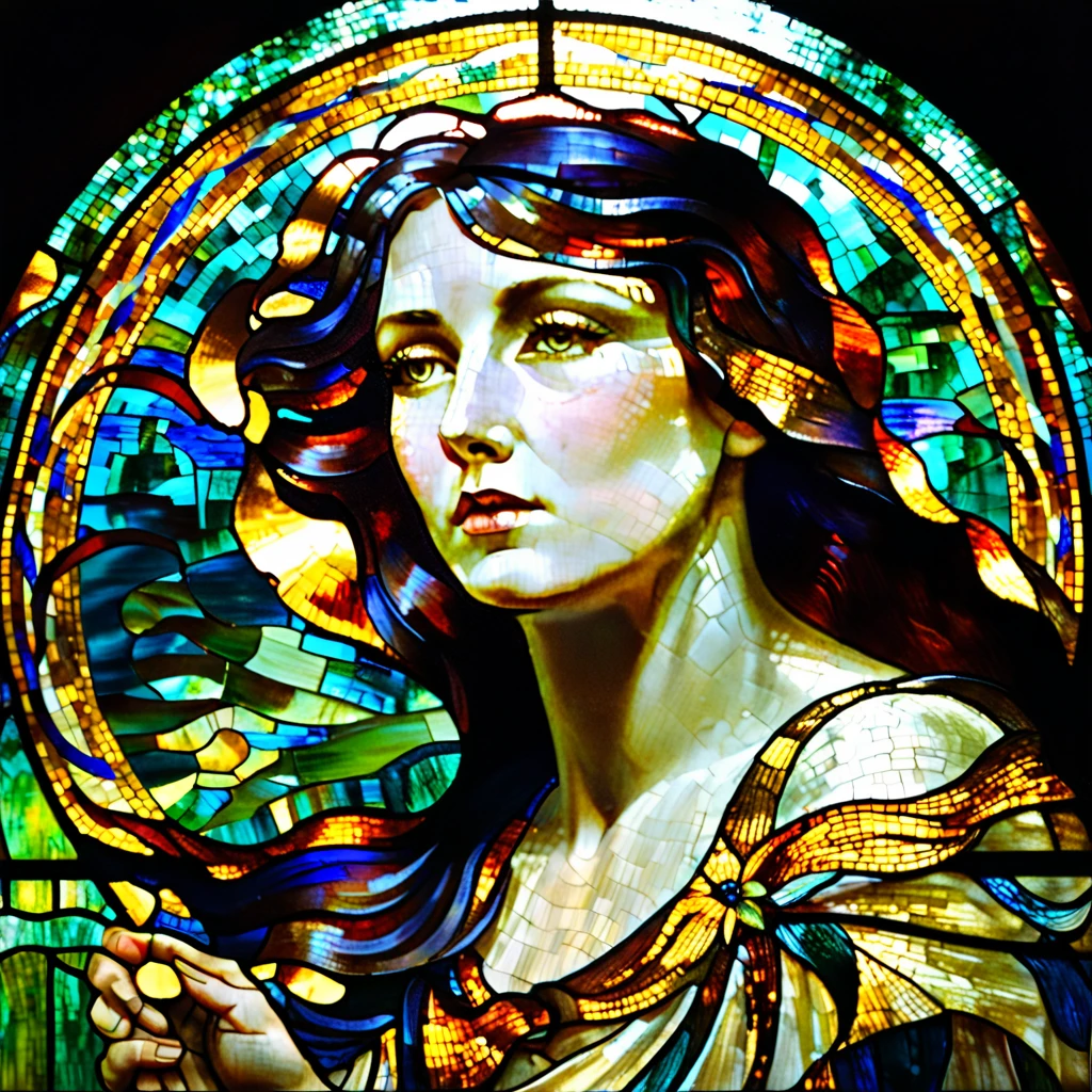 a close up of a woman holding a stained glass piece, a mosaic by Galen Dara, trending on pixabay, art nouveau, maxim verehin stained glass, stained glass art, transparent glass woman, golden twilight stained glass, stained glass, stained glass style, hyperrealistic art nouveau, mucha tiffany kilian eng, center view, stunning art, stain glass